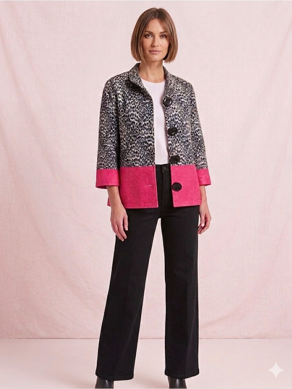 Caroline Rose Leopard Print Colorblock Statement Jacket with Hot Pink Trim